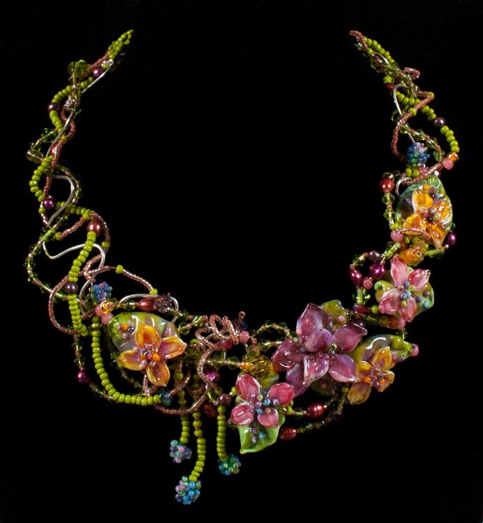 Glass lampwork Hydrangea necklace with sterling silver wire and seed beads by Patsy Evins