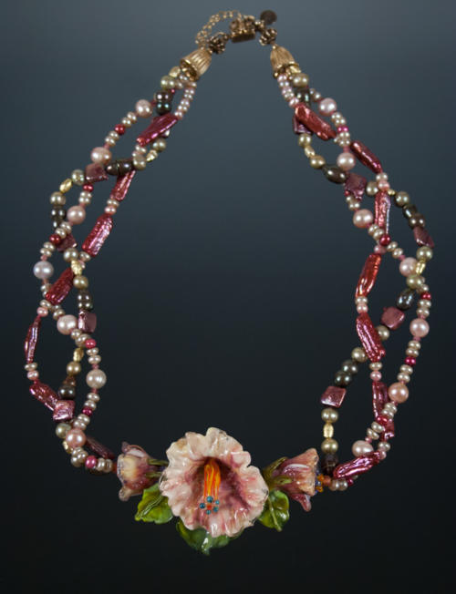 "Peachy Pink Morning Glory" Flower Glass Necklace