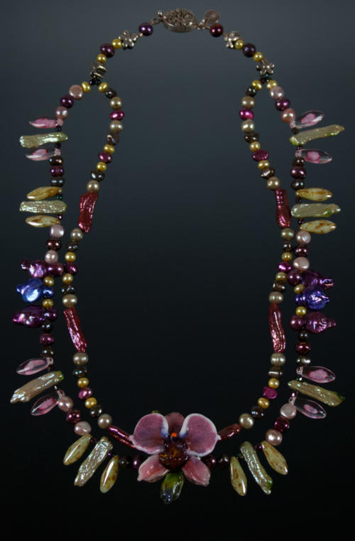 Purple Orchid Flower Necklace with Pearls