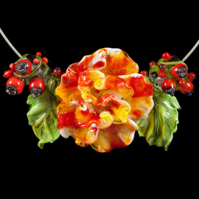 "Orange Crush" Camelia Flower Glass Lampwork Bead