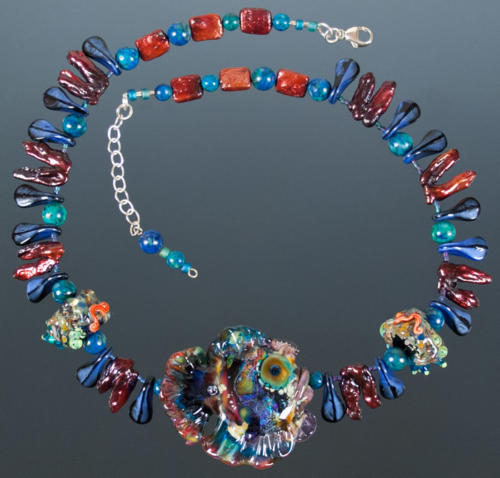 Tropical Teal & Coral Glass Lampwork Fish Necklace