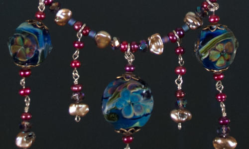 "Blue Beauty" Glass Flowers Necklace with Pearls