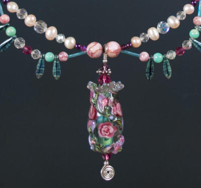 glass flowers lampwork bead Rose Vessel designer jewelry necklace