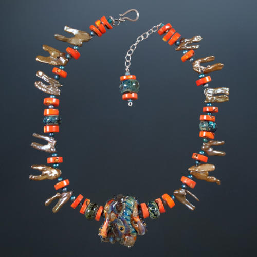 "Ocean Talisman" Shell Pearl, Coral and Glass Designer Necklace