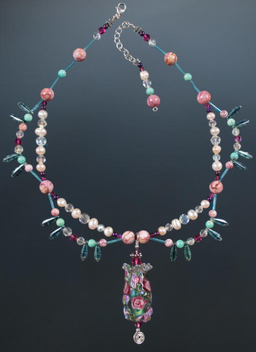 Pink Rose Flower Designer Glass Necklace with Pearls