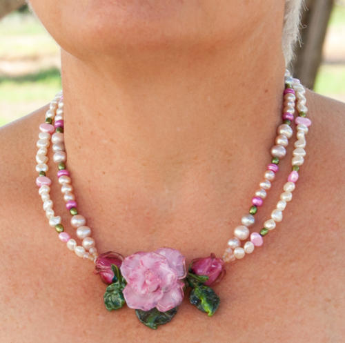Pink "Jewel Rose" Glass Designer Necklace with Pearls