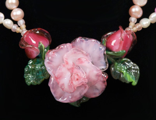 Glass Pink Rose and Pearl Necklace glams this rose theme outfit