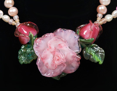 glass Pink Rose Designer Necklace with Pearls by patsy evins