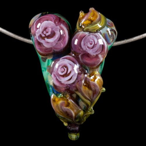 "Rose & Peony Buds" - Glass Lampwork Heart Bead
