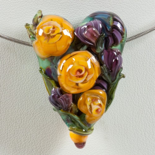 Glass Lampwork Heart Bead, "Yellow Roses & Purple Peonies"