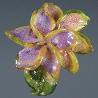 Artisan Floral Glass Lampwork Bead - Yellow and Pink Plumeria Flowers