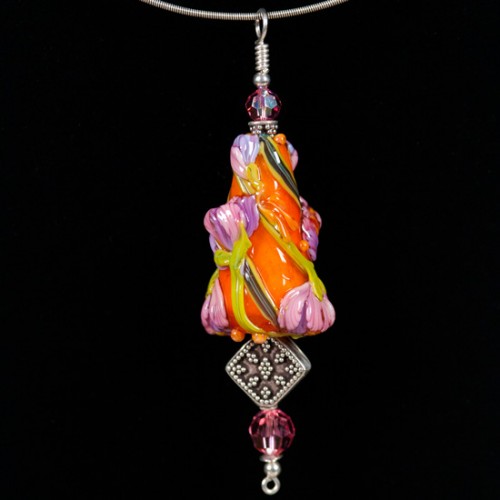 Lampworked Glass - "Purple Pink Peony Blooms" Pendant