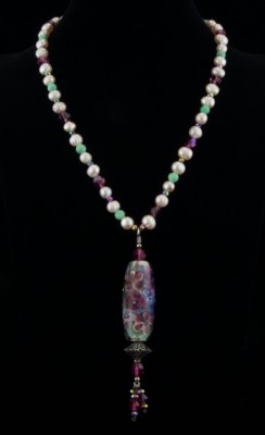 Monet's water lilies glass lampwork bead with pearls necklace by artist Patsy Evins
