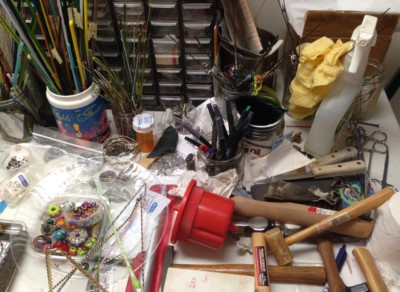 glass studio mess, overwhelmed & frustrated with lampworking,  