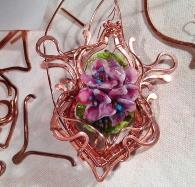 glass lampwork hydrangea flower pendant in copper wire by patsy evins art nouveau style