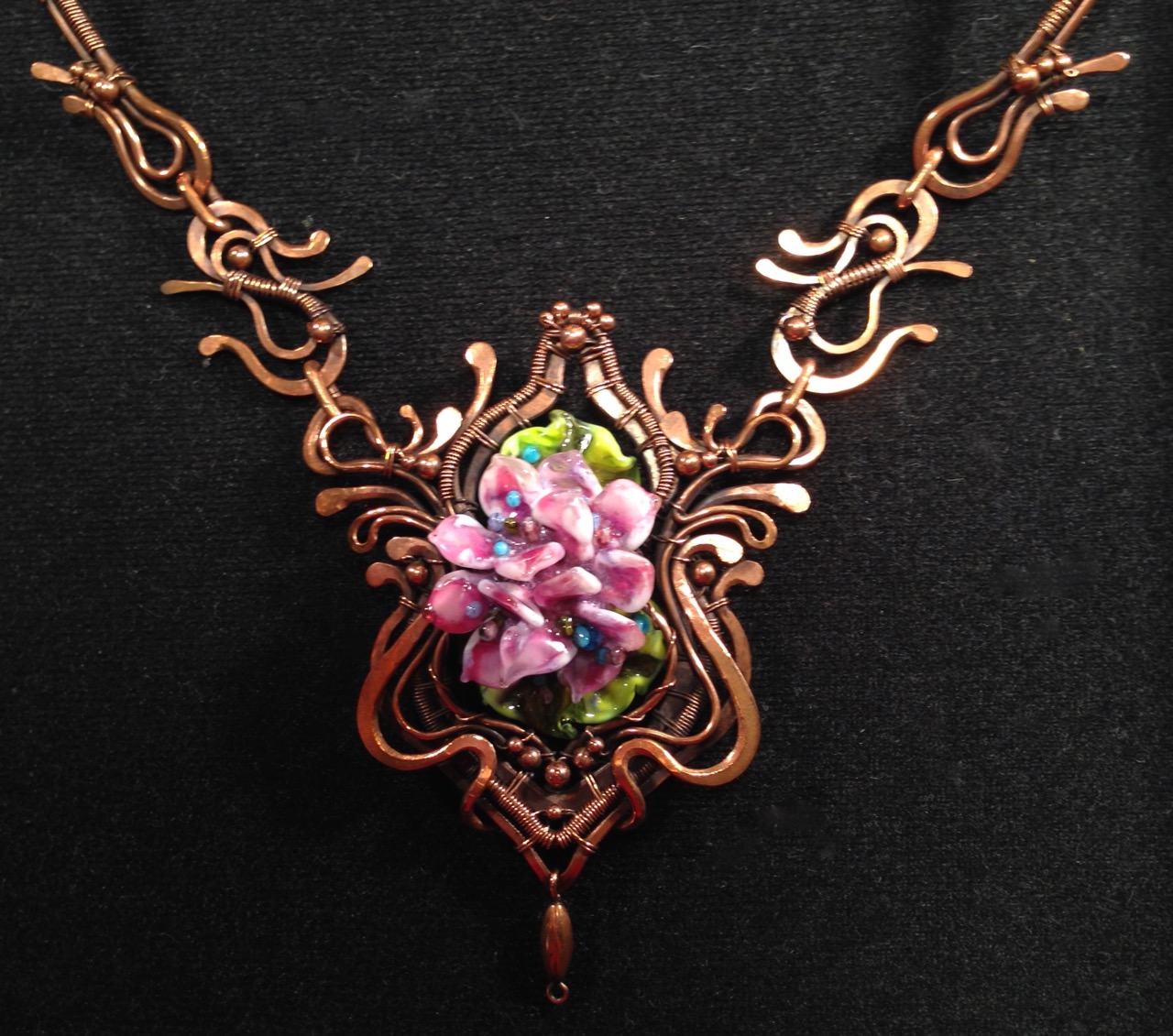 Glass hydrangea pendant with copper wire with art nouveau influences