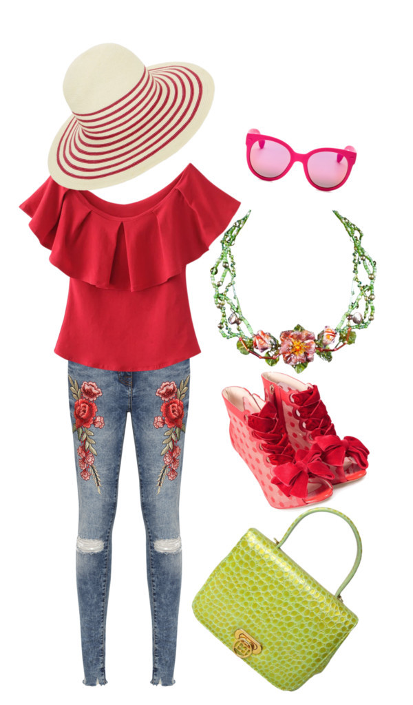 Fun Spring Art & Antique shopping outfilt: blouse, embroidered denims, red shoes, glass Red Rose Necklace, lime purse, straw hat 