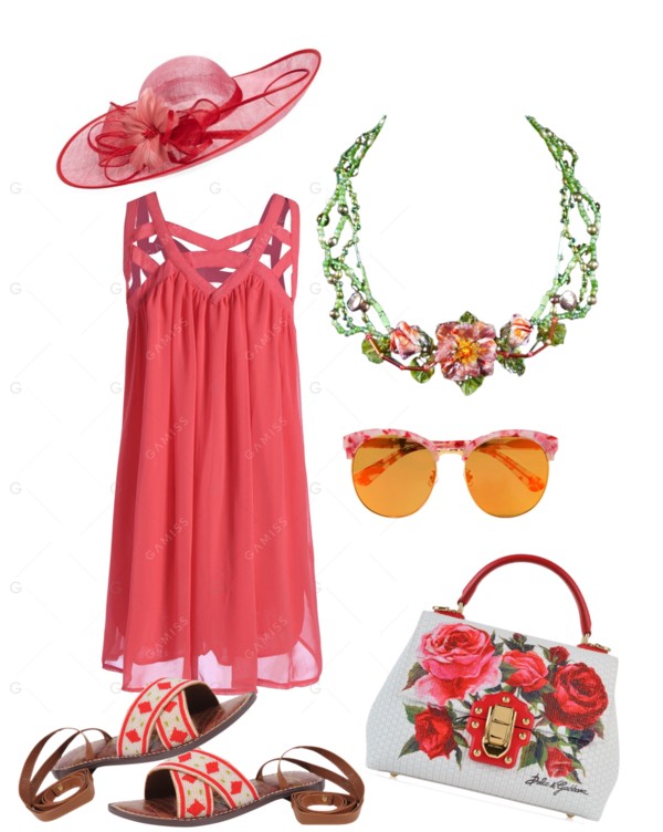 Summer Garden Cocktail party outfit has amazing glass Red Rose statement necklace