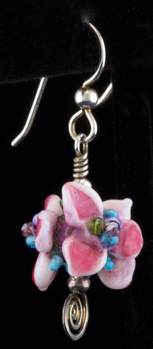 Pink Glass Hydrangea Flower earrings with sterling silver findings