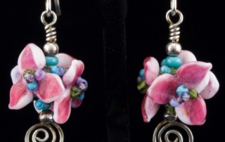 Artisan hand crafted Pink Glass Hydrangea flower drop earrings. Click thru for details.