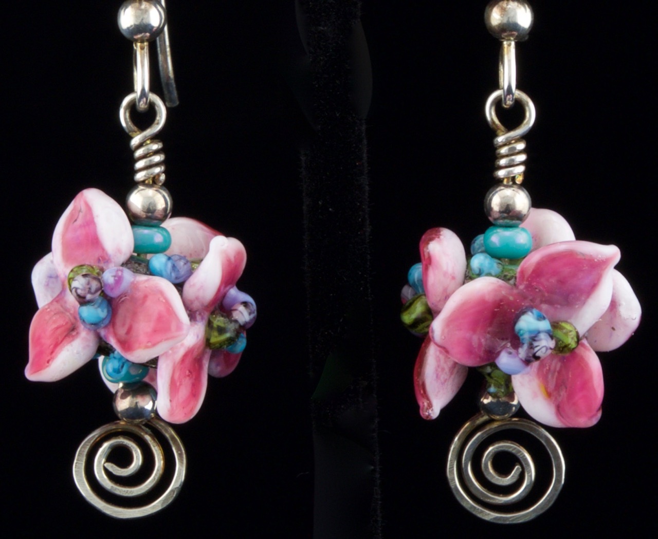 Artisan hand crafted Pink Glass Hydrangea flower drop earrings. Click thru for details.