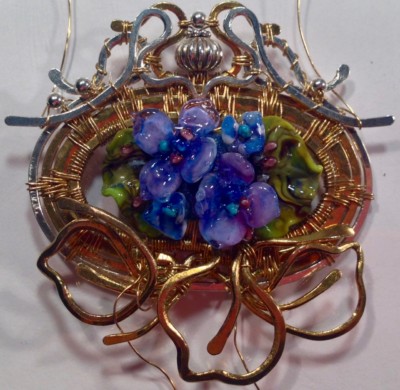 glass hydrangea pendant with sterling and brass weaving 