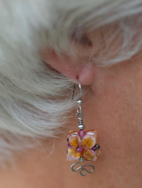 yellow hydrangea glass flower lampworked bead earrings with sterling silver by artisan Patsy Evins
