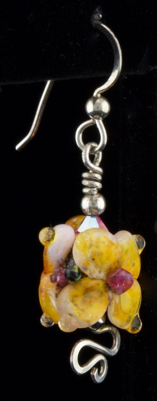 yellow hydrangea flower glass bead earrings with sterling silver dangle earrings