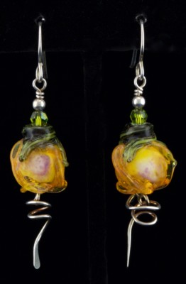 lampwork Yellow Rose Buds Glass Flowers Earrings Swirl with sterling silver findings artisan handcrafted by patsy evins