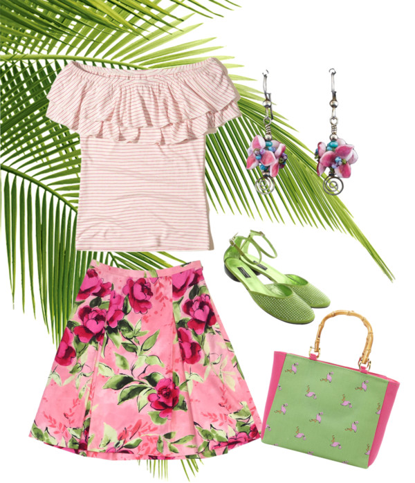 Tropical Flower Vacation Outfit sporting fine art glass hydrangea drop earrings. Click thru for details.