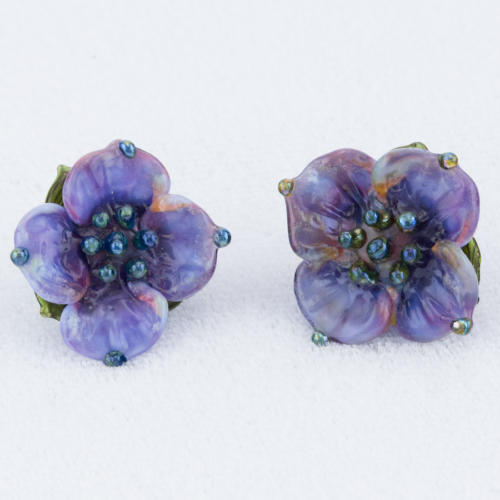 blue pink wildflower stud art glass earrings lampwork beads