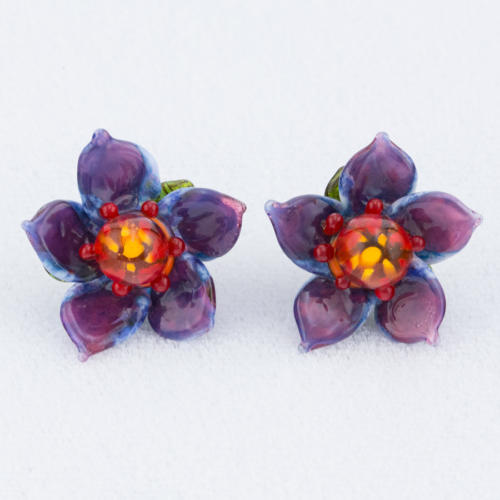 Purple glass wild flower fine jewelry earrings by glass artist Patsy Evins