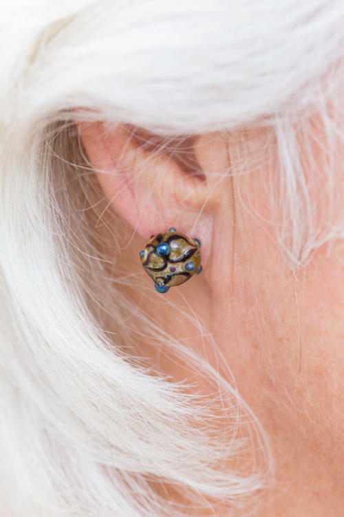 black calligraphy flower studded art glass earrings