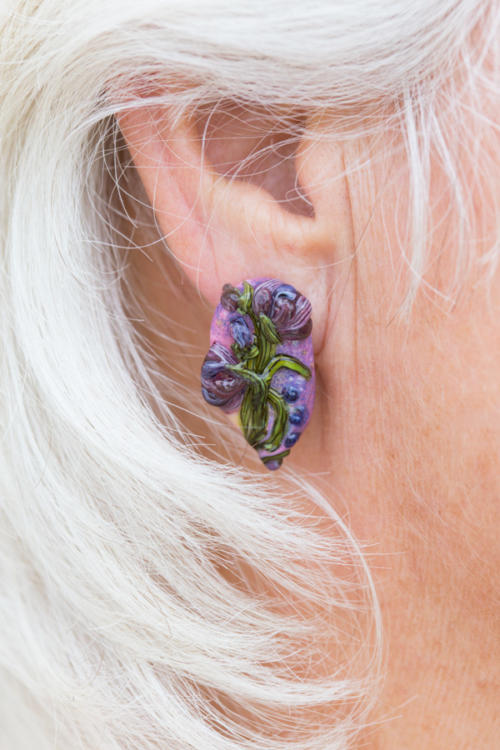 Purple Floral Bouquet Art Glass Earrings Studs