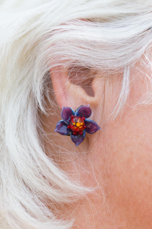 Purple Pink glass wild flower fine jewelry earrings