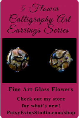  Black Calligraphy Flower Studded Art Glass Earrings $97.00, glass flowers, glass jewelry