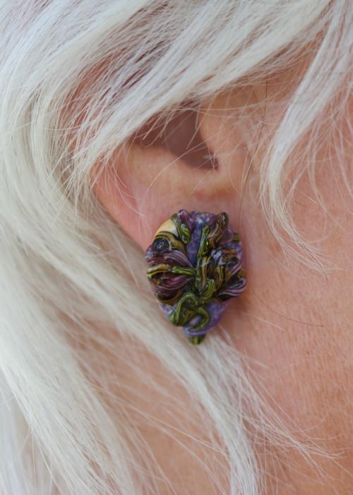 Violet Art Nouveau Floral Bouquet Art Glass Earrings on ear