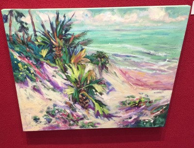 Patsy Evins tropical oil beach paintings with palm trees at Port Aransas Art Center May show