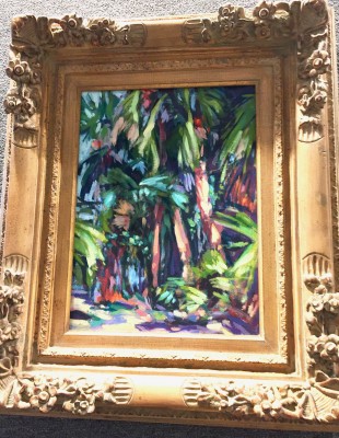 Patsy Evins tropical oil beach paintings with palm trees at Port Aransas Art Center May show