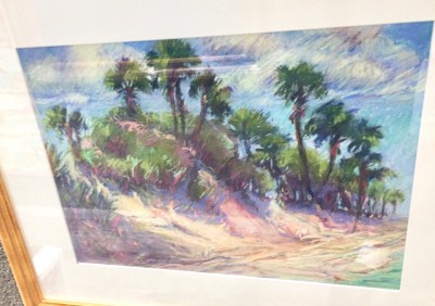 Patsy Evins tropical pastel beach paintings with palm trees at Port Aransas Art Center May show
