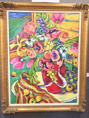 Patsy Evins Colorful Tropical vibes paintings & fine glass artat Port Aransas Art Center May show 